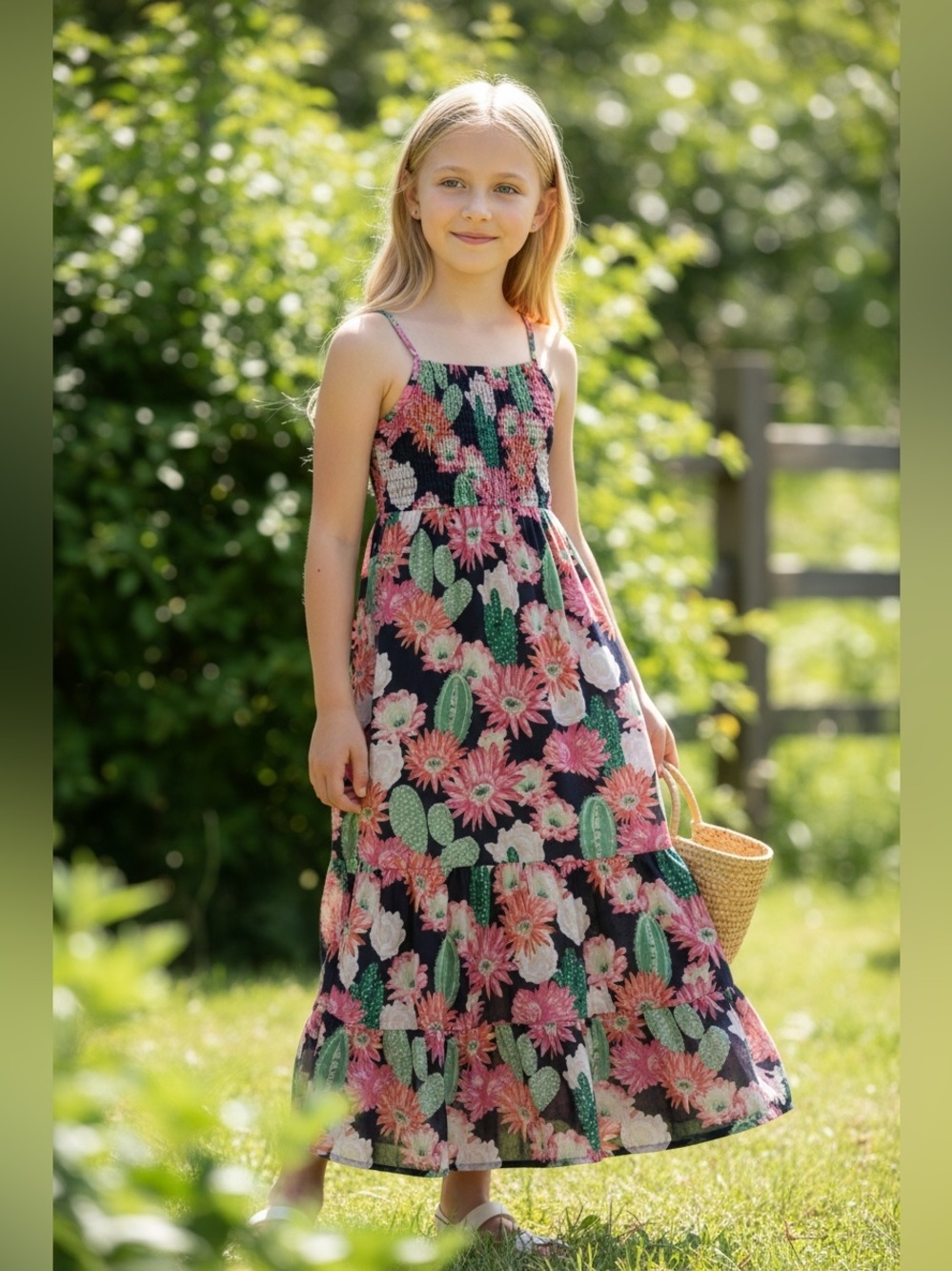 Place Maxi Smocked Dress Cactus Bloom Floral Green Pink Spaghetti Straps Girls L